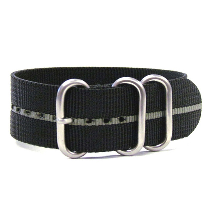 Ballistic Nylon Watch Band | 3 Ring | Black | Grey Stripe | Brushed Hardware