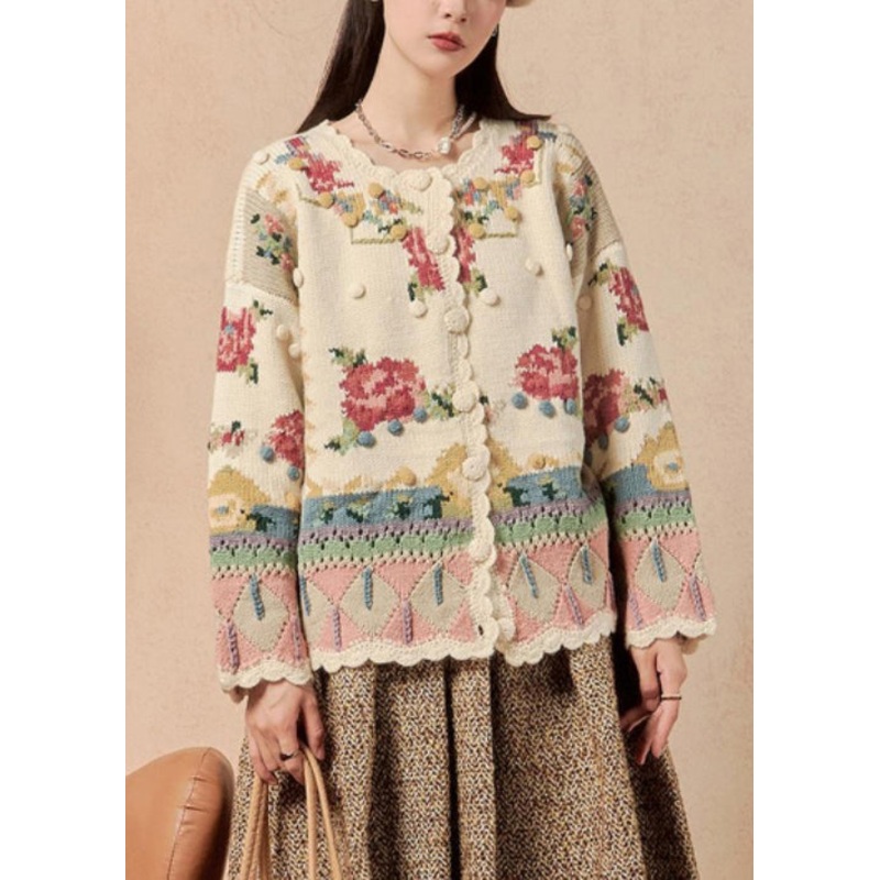 Beautiful Beige Button Patchwork Knit Coats Winter