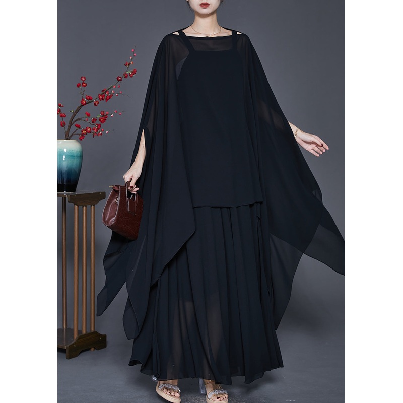 Black Loose Chiffon Two Piece Suit Set Asymmetrical Design Spring