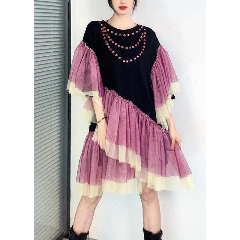 Black Tulle Patchwork Cotton Mid Dresses Ruffled Butterfly Sleeve