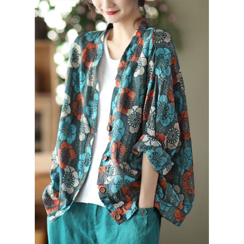 Blue Print Button Cotton Blouses V Neck Long Sleeve