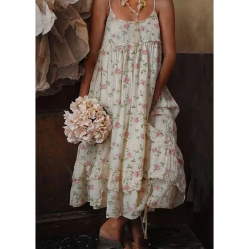 Bohemian Beige Ruffled Print Cotton Spaghetti Strap Dress Sleeveless