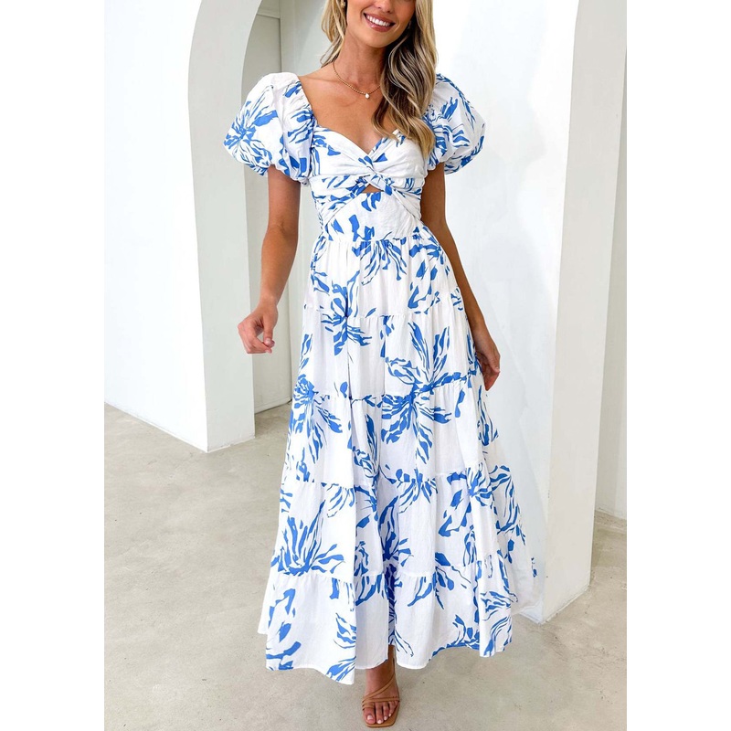 Bohemian Blue V Neck Print Cotton Dress Puff Sleeve