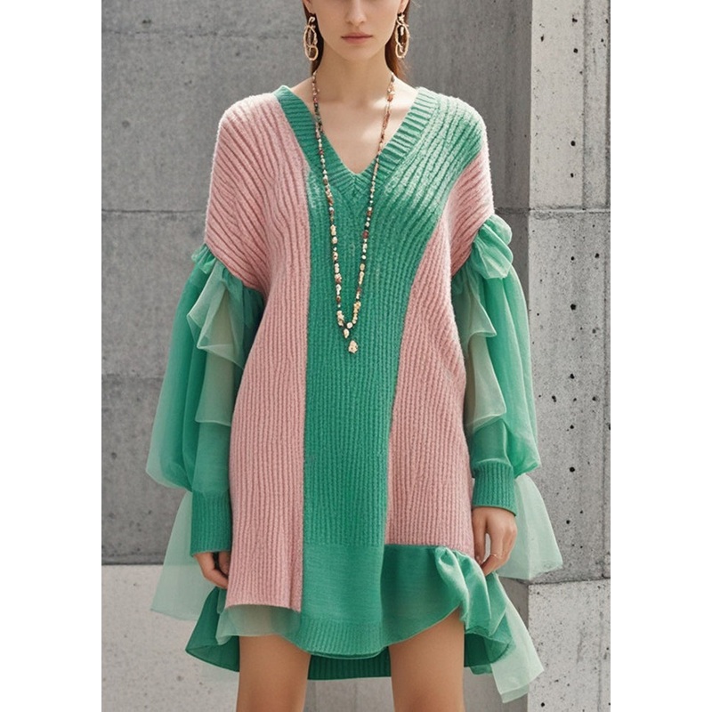 Bohemian Colorblock V Neck Patchwork Tulle Knitwear Dress Fall