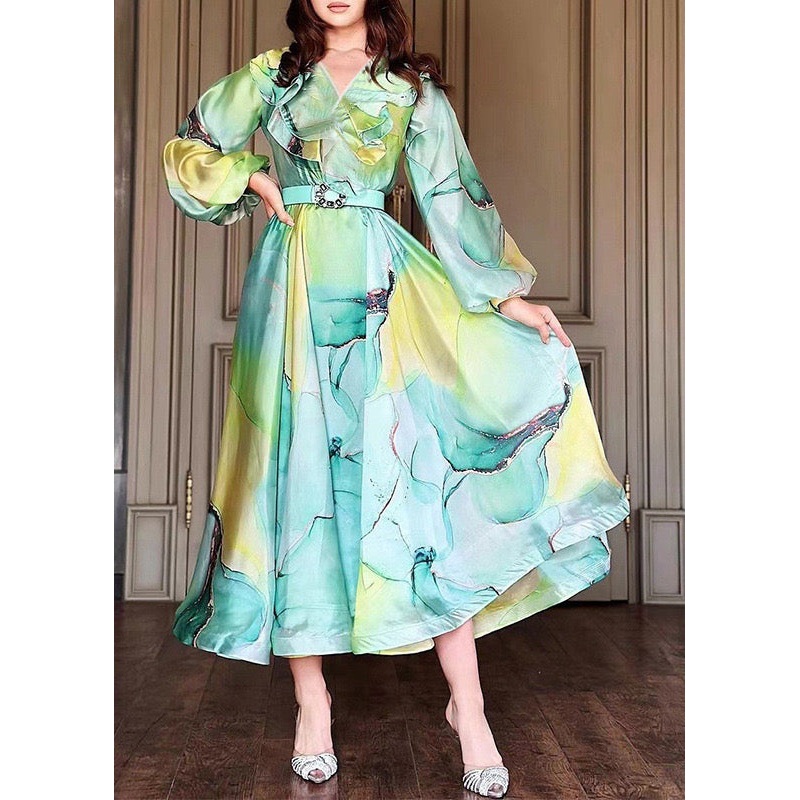 Boho Green Peter Pan Collar Print Tulle Dress Long Sleeve