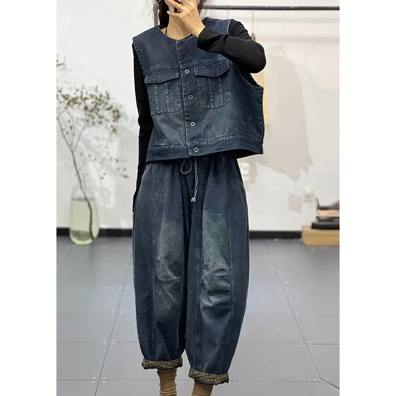 Boutique Blue Vest And Pants Denim Two Piece Set Women Clothing Fall