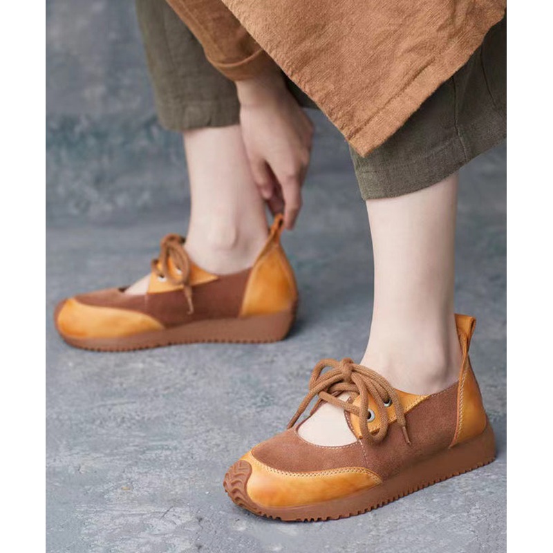 Boutique Camel Suede Splicing Lace Up Flat Shoes