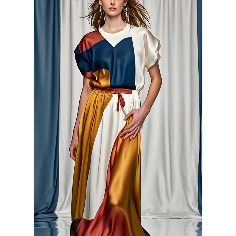 Boutique Colorblock O Neck Silk Dresses Summer