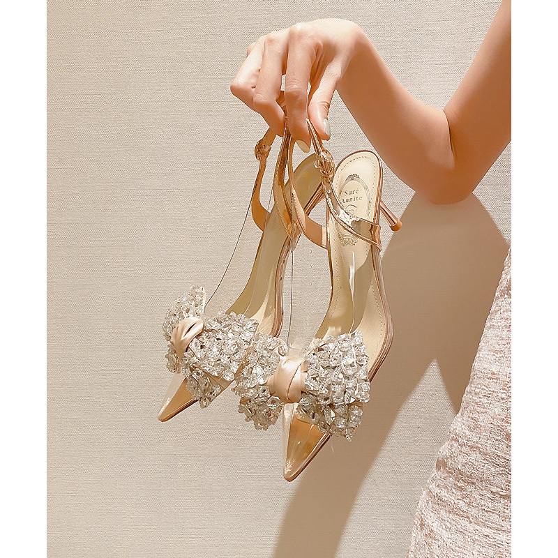 Bow Zircon Pointed Toe Stiletto Heels Sandals New Champagne