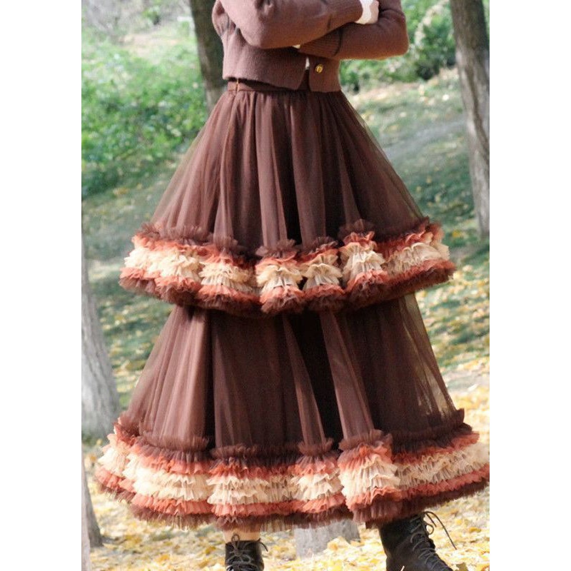 Brown Tulle Vacation Skirt Layered Ruffled Spring