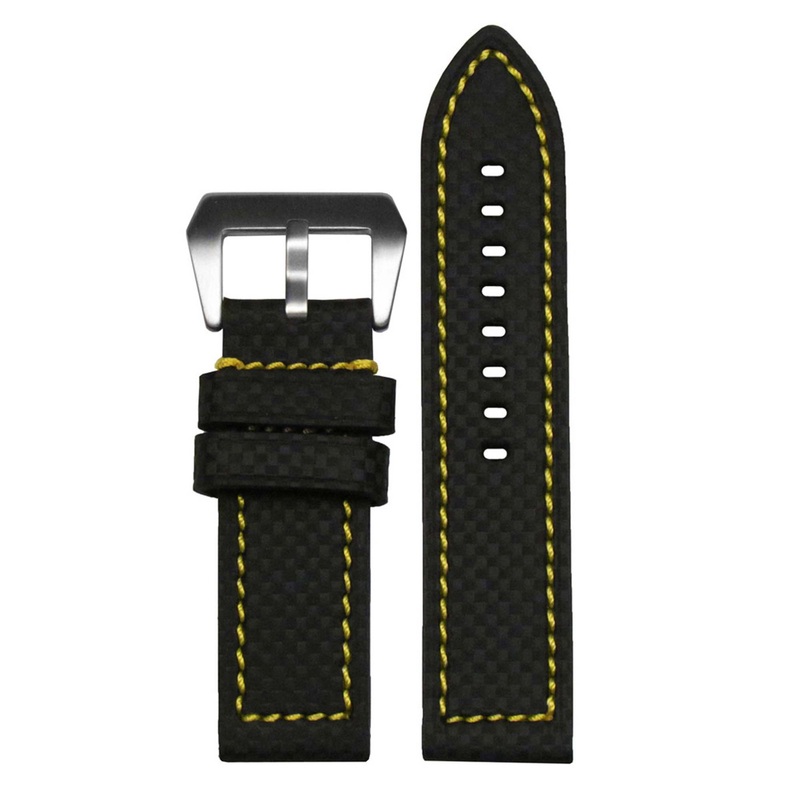 Carbon Fiber Style Watch Band | Flat | Coramid | Black | Yellow Stitch