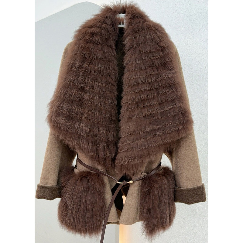 Casual Caramel Fox Collar Tie Waist Woolen Coats Winter