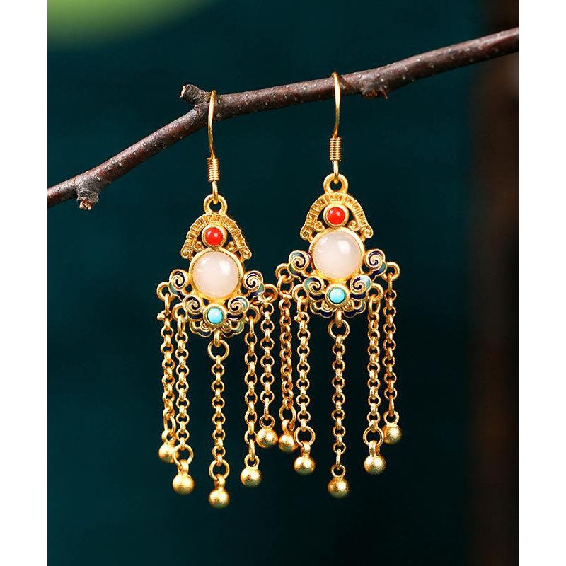 Casual Colorblock Ancient Gold Jade Turquoise Tassel Drop Earrings