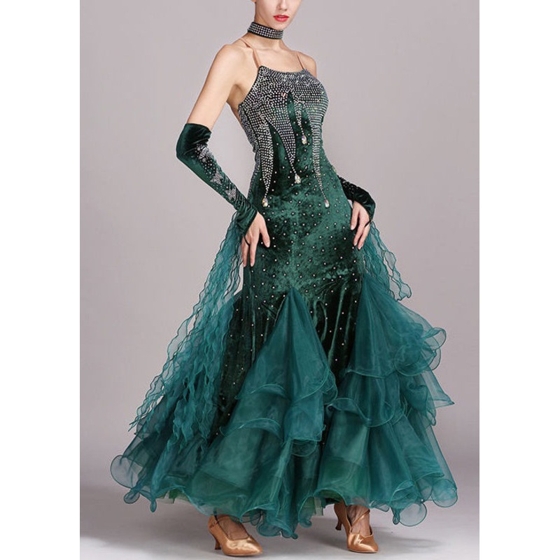 Chic Blackish Green Zircon Tulle Patchwork Spaghetti Strap Dress Sleeveless