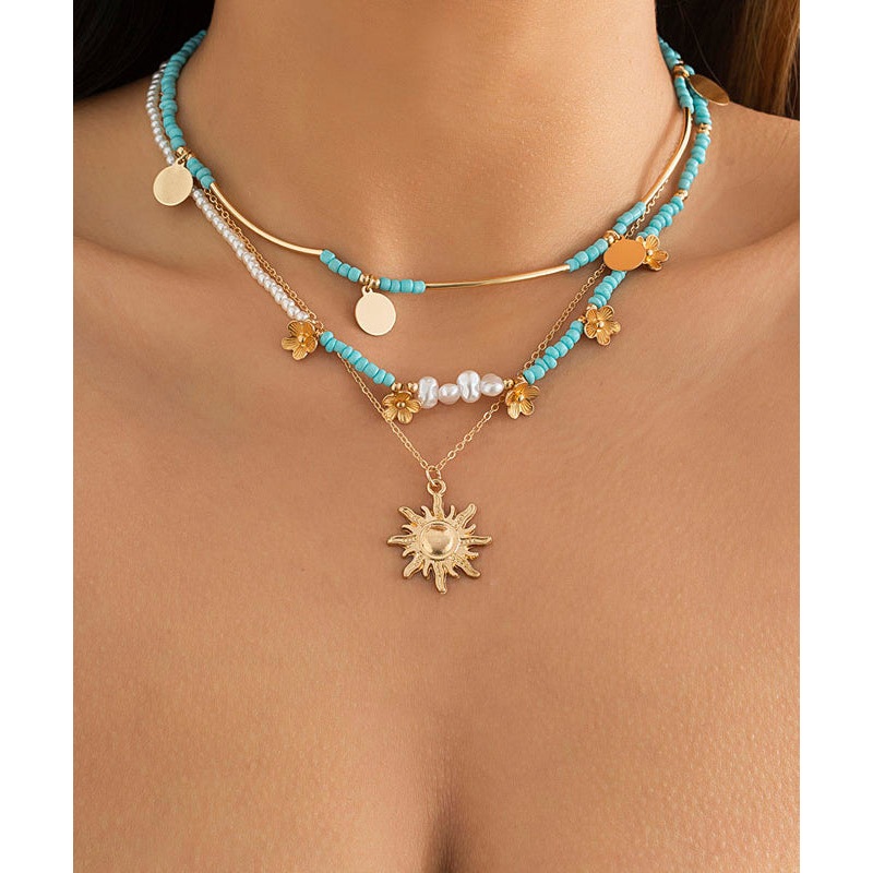 Chic Blue Alloy Floral Rice Ball Detachable Pendant Necklace