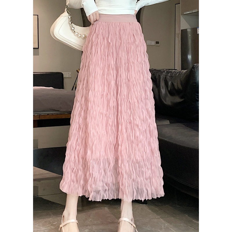Chic Pink Wrinkled Elastic Waist Tulle Skirt Summer
