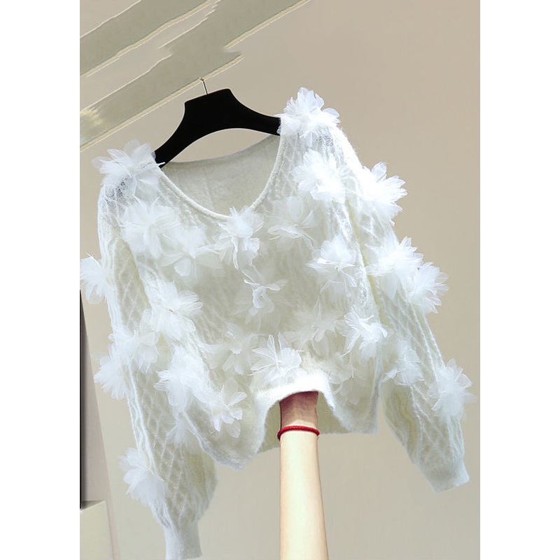 Chic White O-Neck Floral Cotton Knit Sweater Winter