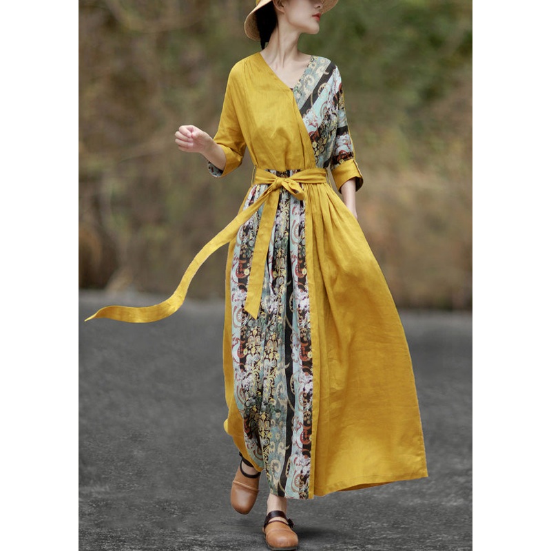 Chic Yellow V Neck Tie Waist Patchwork Cotton Maxi Dresses Half Sleeve