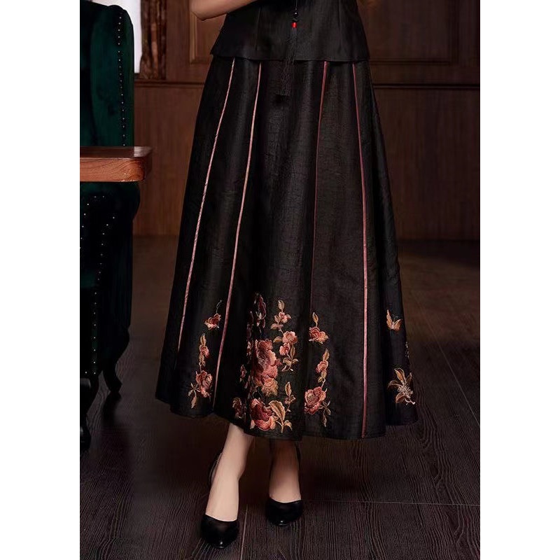 Chinese Style Black Embroideried Pockets Patchwork Silk Skirts Fall