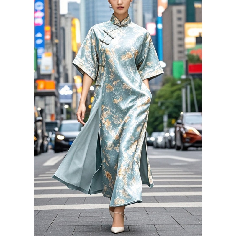 Chinese Style Sky Blue Print Side Open Silk Dress Summer