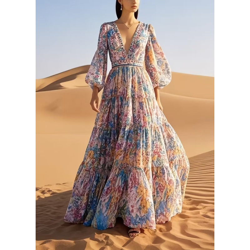 DIY Apricot Print Exra Large Hem Chiffon Robe Dresses Spring