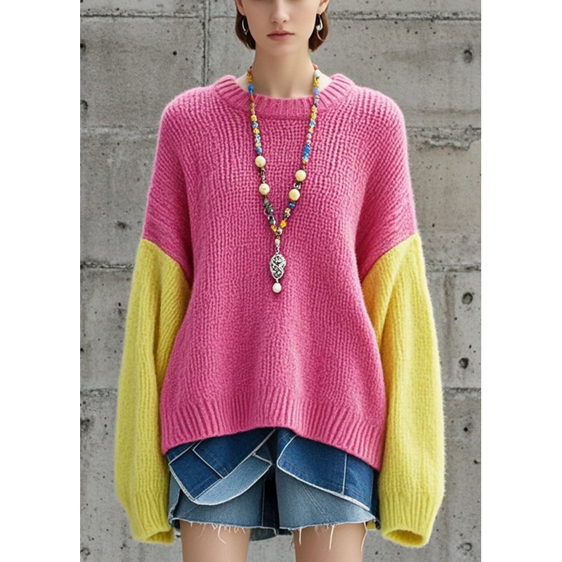 DIY Rose Oversized Patchwork Thick Knit Sweater Tops Fall