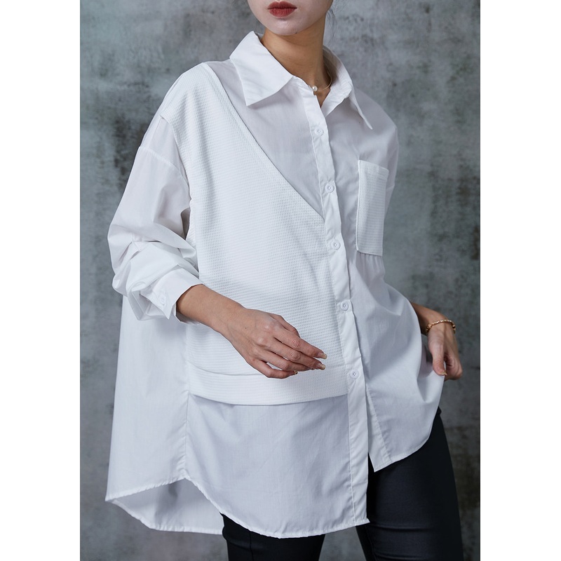 DIY White Asymmetrical Patchwork Cotton Fake Two Piece Shirt Tops Spring
