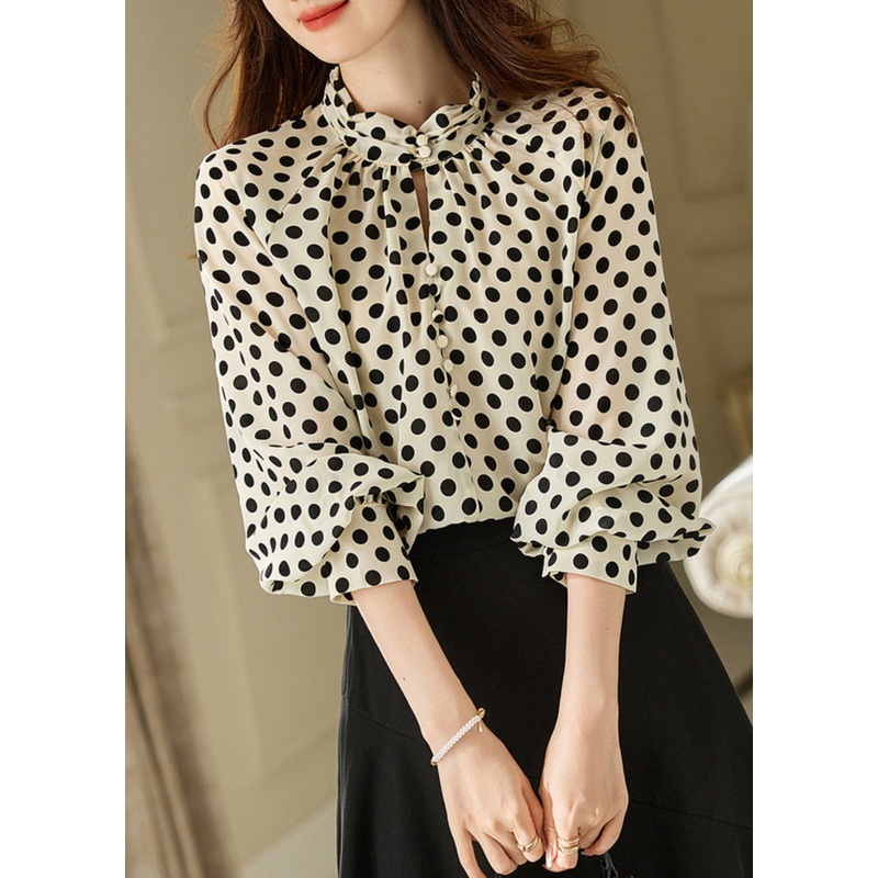 Elegant Beige Stand Collar Dot Print Chiffon Shirts Long Sleeve