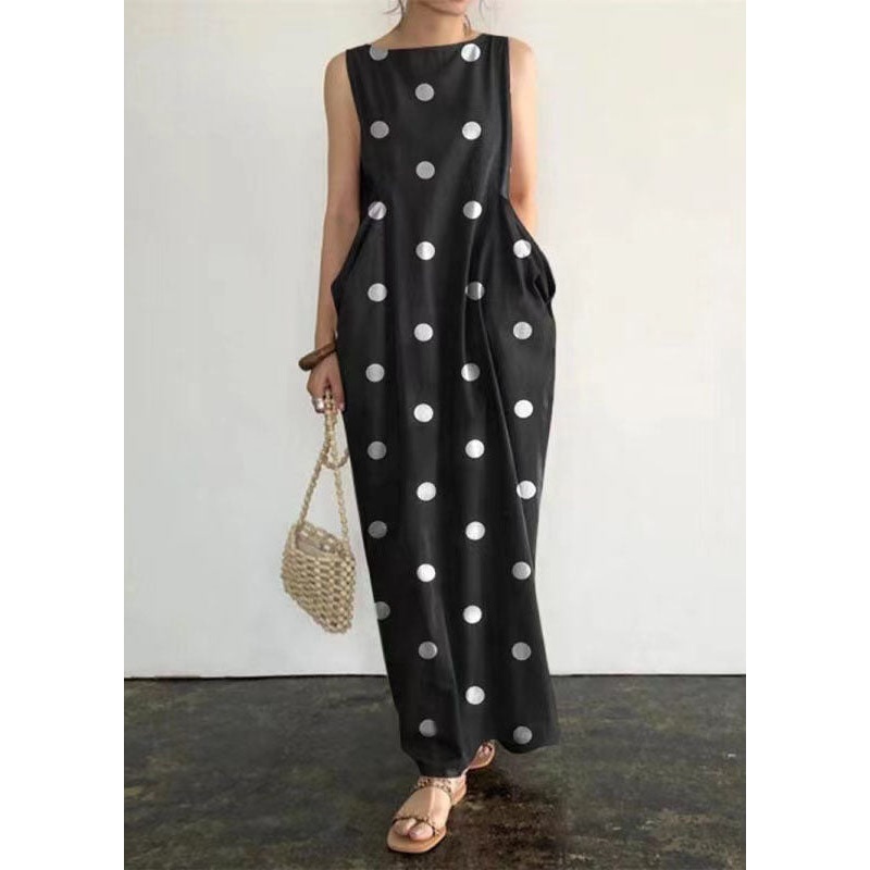 Elegant Black Dot Print Pockets Long Dresses Sleeveless