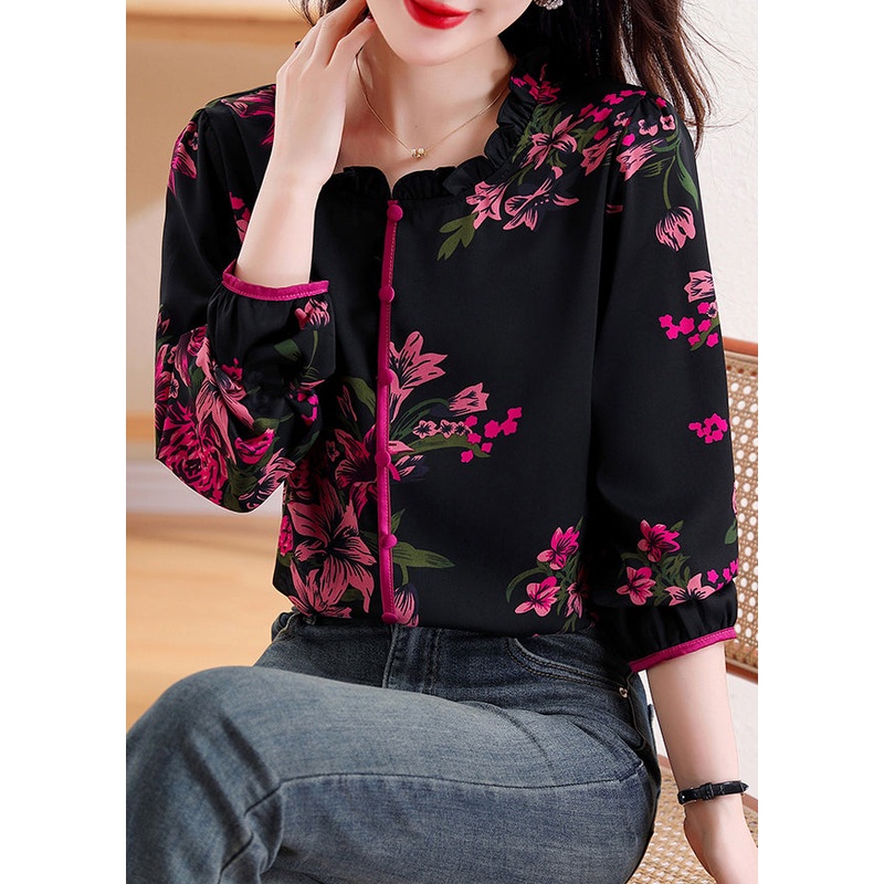 Elegant Black Ruffled Print Chiffon Top Long Sleeve