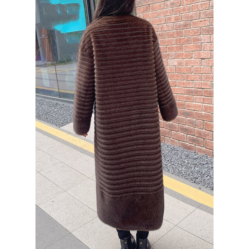 Elegant Coffee O-Neck Pockets Print Leather And Fur Long Coats Winter