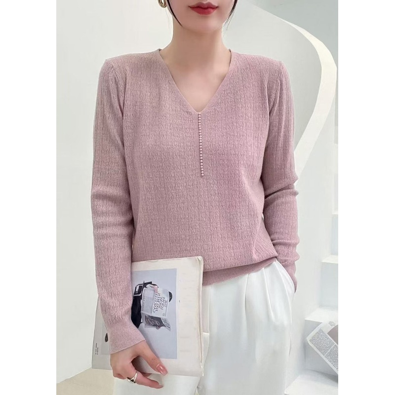 Elegant Pink V Neck Nail Bead Solid Knit Sweater Fall