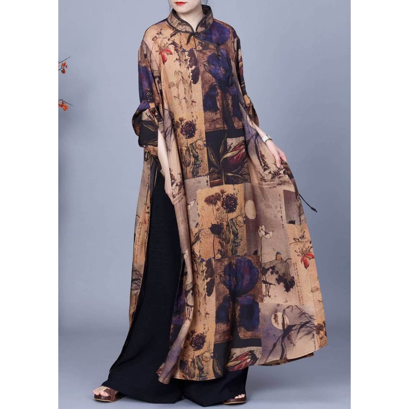 Elegant Stand Collar Print Side Open Silk Two Pieces Set Winter