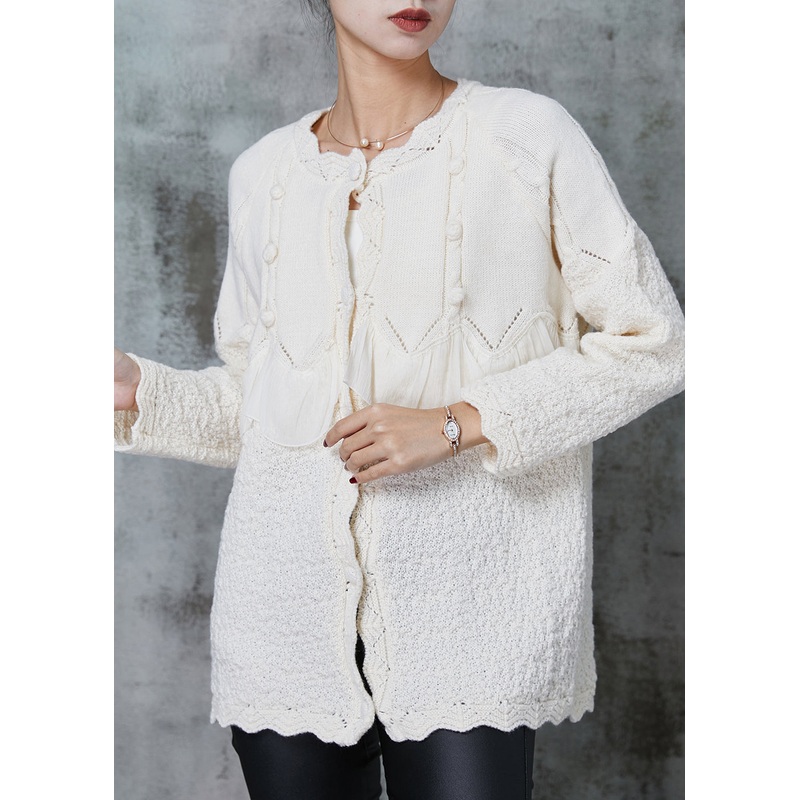 Elegant White Ruffles Patchwork Knit Coat Outwear Spring