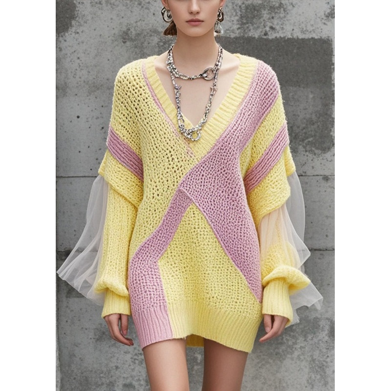 Elegant Yellow V Neck Patchwork Tulle Knitwear Dress Fall