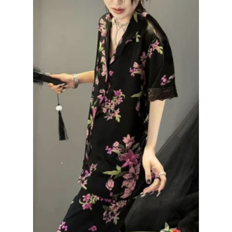 Fashion Black Notched Print Button Ice Silk Two Pieces Set Summer