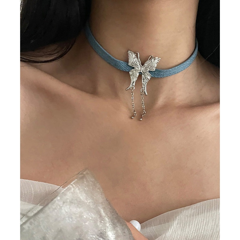 Fashion Blue Alloy Leather Rope Butterfly Tassel Pendant Necklace