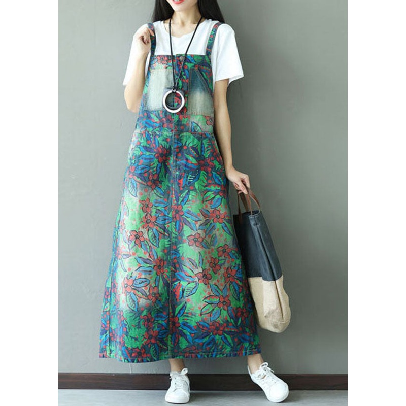 Fashion Green Patchwork Pockets Print Elastic Waist Dress Spring