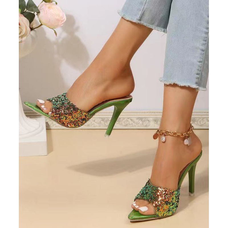 Fashion Green Sequins Splicing Stiletto High Heels Slide Sandals