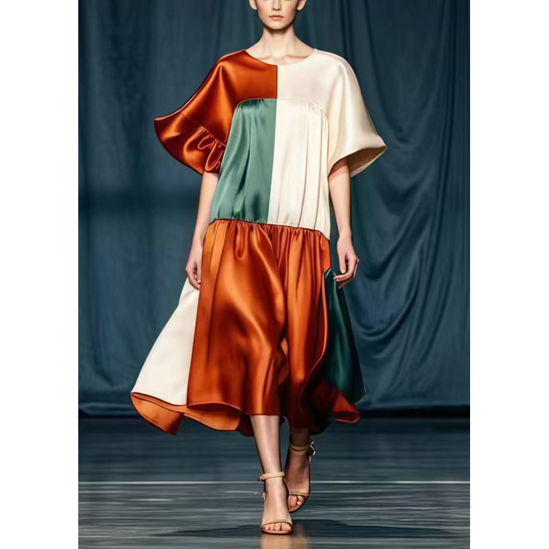 Fine Colorblock Asymmetrical Patchwork Silk Party Dress Summer