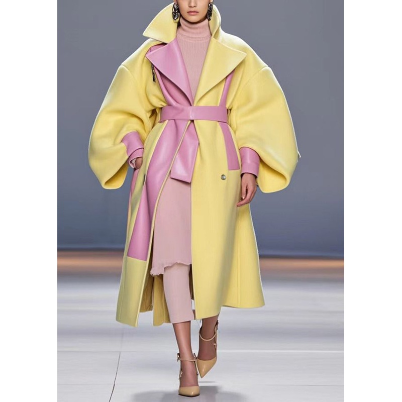 Fine Yellow Oversized Patchwork Woolen Coat Puff Sleeve