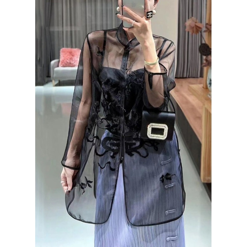 French Black Stand Collar Embroidered Button Tulle Top Summer