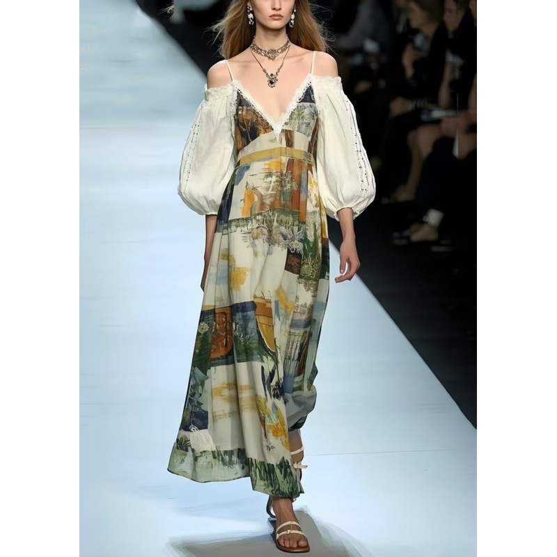 French Cold Shoulder Print Cotton Vacation Dress Lantern Sleeve