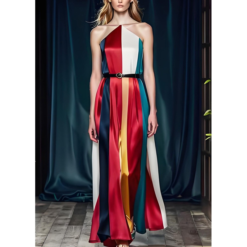 French Colorblock Cold Shoulder Tie Waist Silk Party Dress Sleeveless