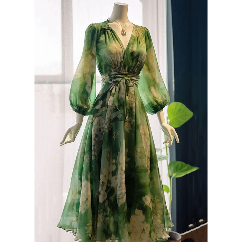French Green V Neck Print High Waist Chiffon Dresses Long Sleeve