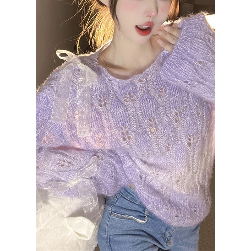 French Purple O Neck Bow Ma Hai Mao Knitted Sweaters Fall