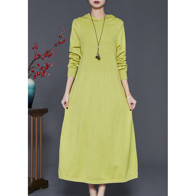 Grass Green Silm Fit Knit Dresses Hooded Spring