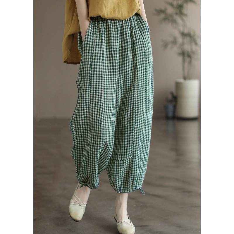 Green Plaid Lace Up Linen Crop Pants High Waist Summer