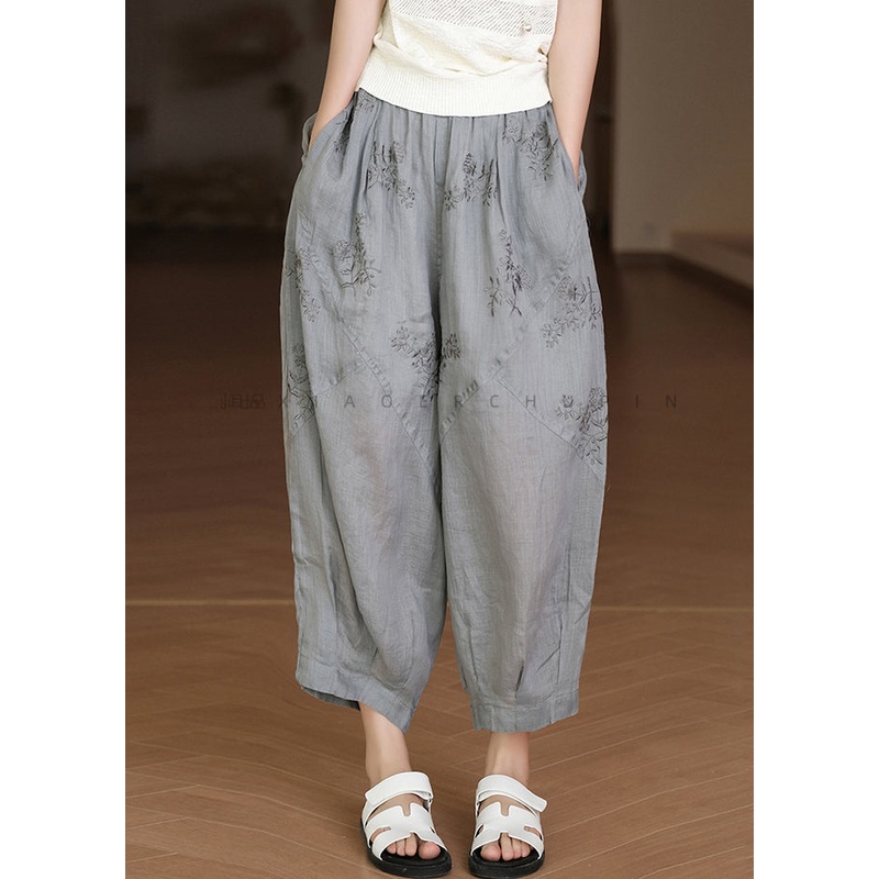 Grey Elastic Waist Linen Crop Pants Embroidered Summer