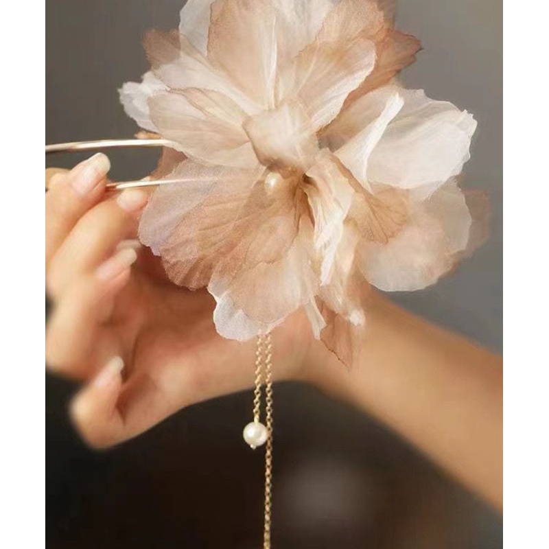 Handmade Light Brown Gradient Color Tulle Floral U Shaped Pearl Tassel Hairpin